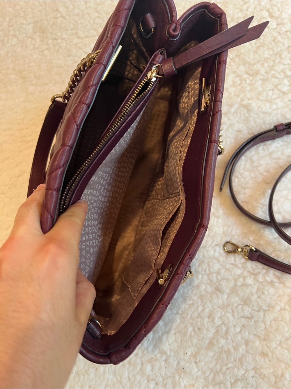 kate spade Quilted Burgundy Leather with Gold Chain Handles and longer strap. - Picture 9 of 13